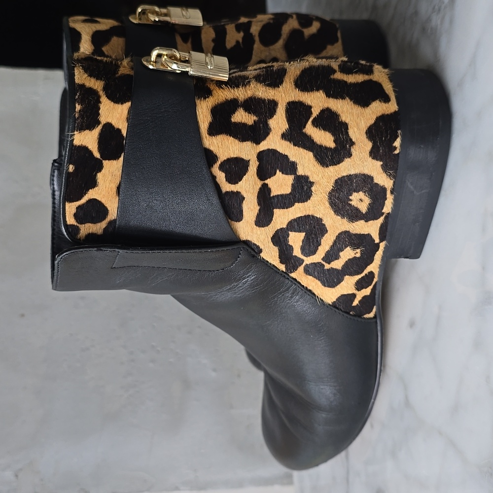 Michael Kors black leather leopard mira bootie flat ankle 8 - Picture 8 of 12